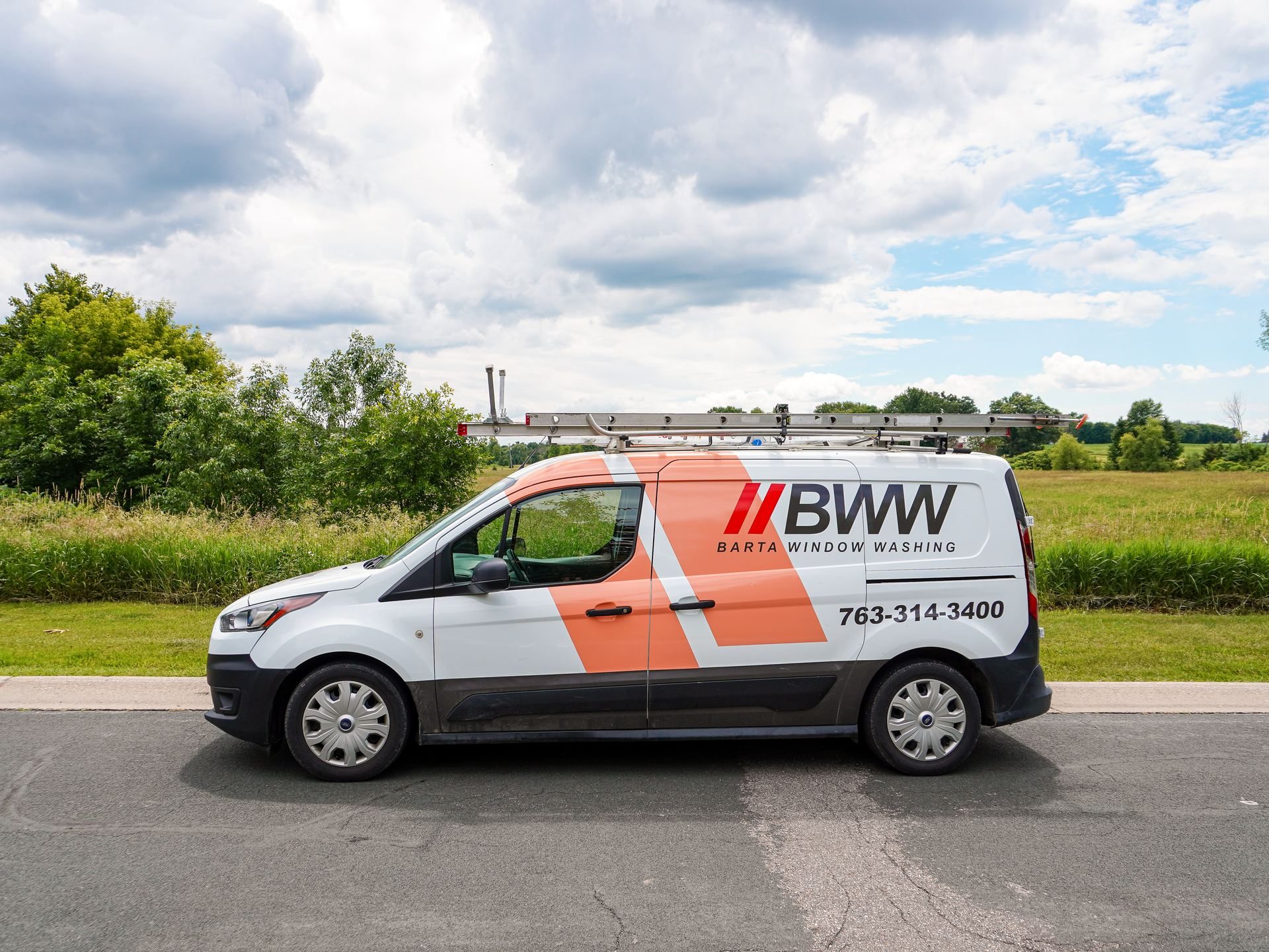 The branded Barta Window Washing (BWW) service van in the Delano, MN area