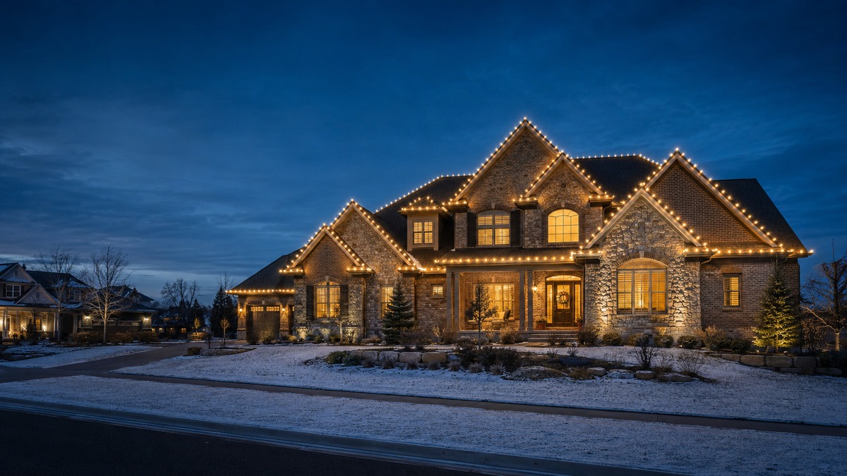 Warm white holiday lights outlining every roofline and peak of a large stone home at dusk